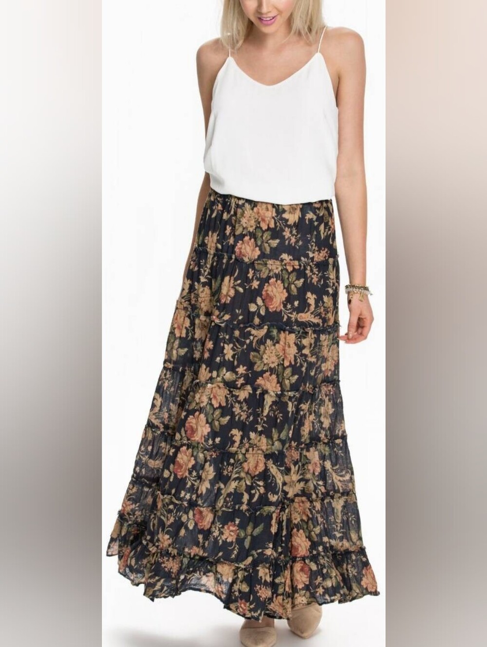 Denim & Supply Floral Tiered Maxi Skirt - Black with Rose Print